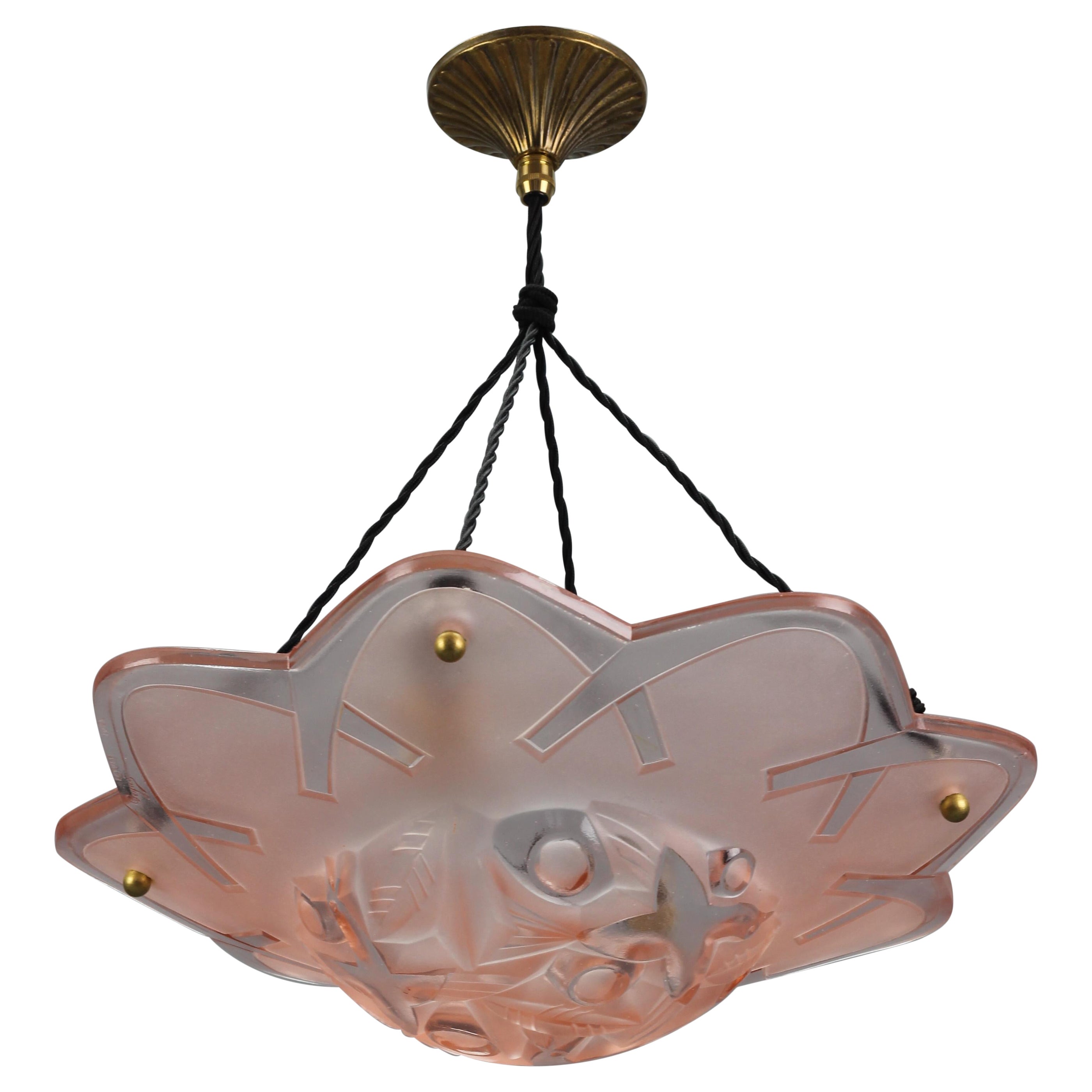 French Art Deco Pink Color Pendant Ceiling Light by Degue, 1930s