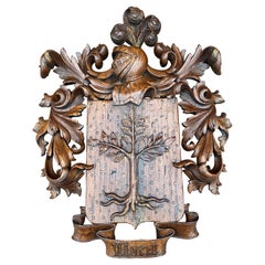 Antique European Wall Plaque Hanging Coat of Arms Knight Helmet Shield Oak 19thC
