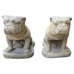 Vintage Statues Garden Figures Bulldogs Cast Stone Pair Seated Dogs