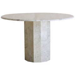 Vintage White Marble Round Dining Table With Faceted Pedestal Base
