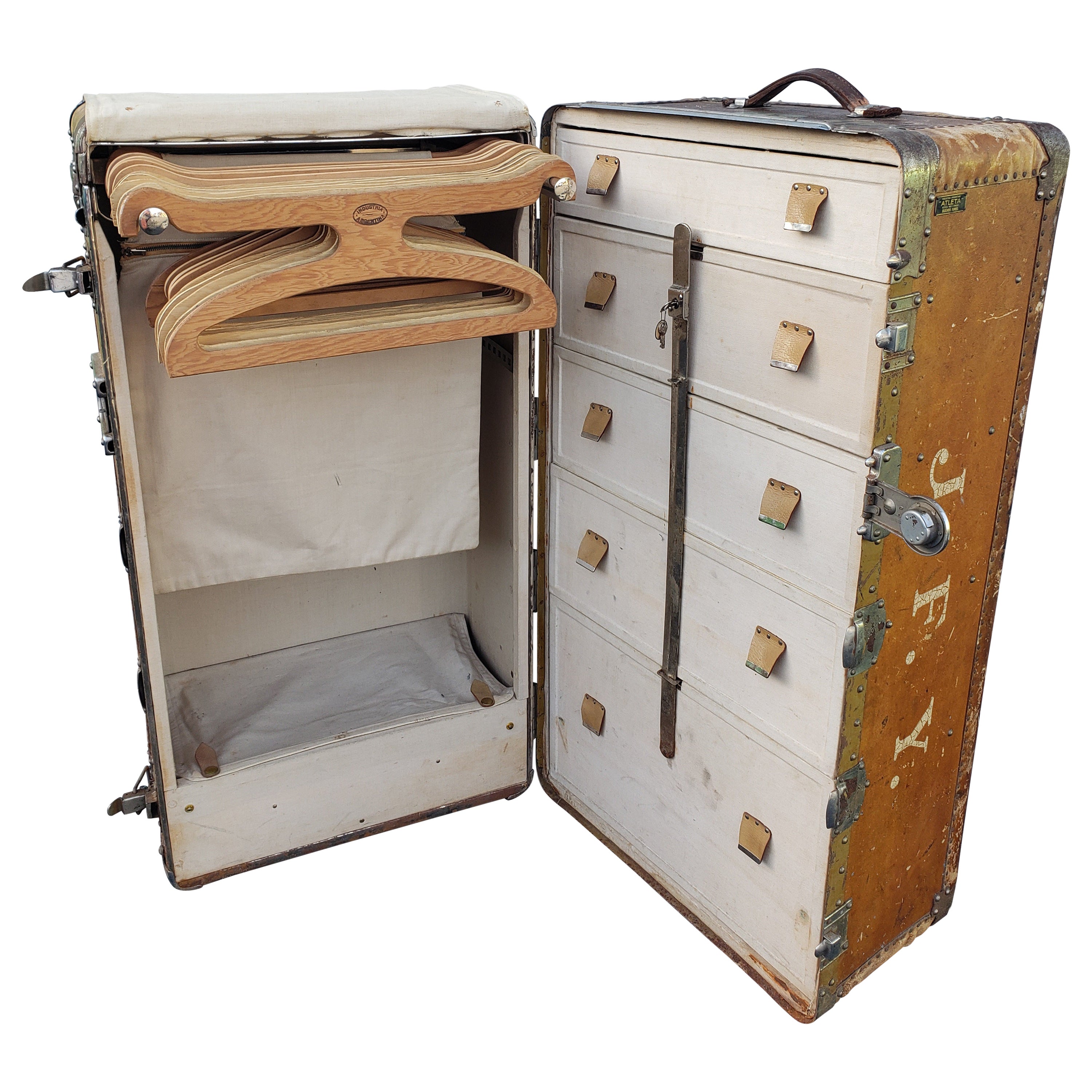 Large Leather and Metal Full Closet Steamer Trunk, circa 1930s For Sale