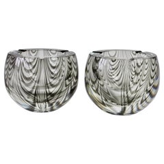 Vintage Cenedese Signed 1970s Pair of Italian Grey 'Zebrato' Clear Murano Glass Ashtrays