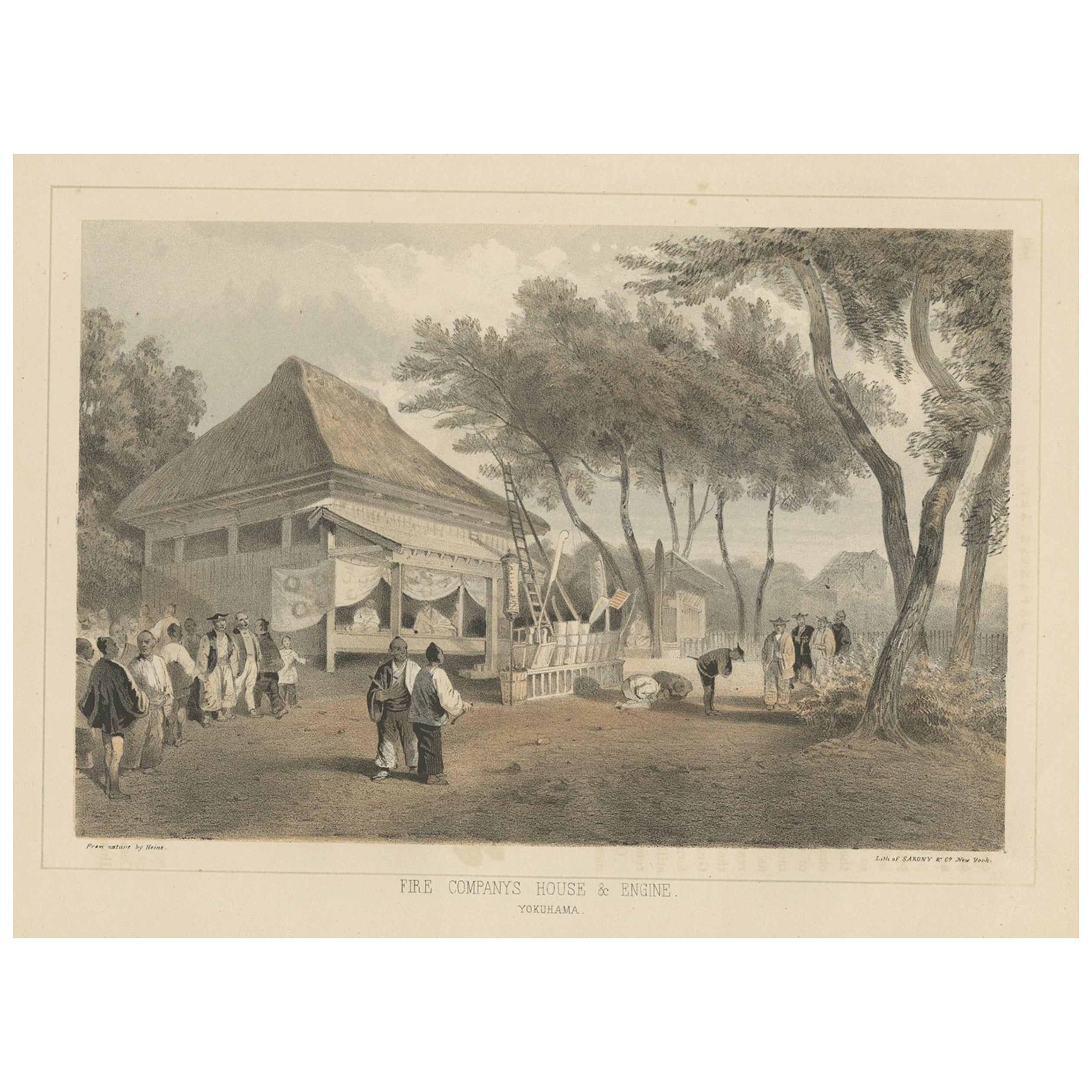 Anitque Print of a Fire Station in Yokohama, Japan, 1856 For Sale