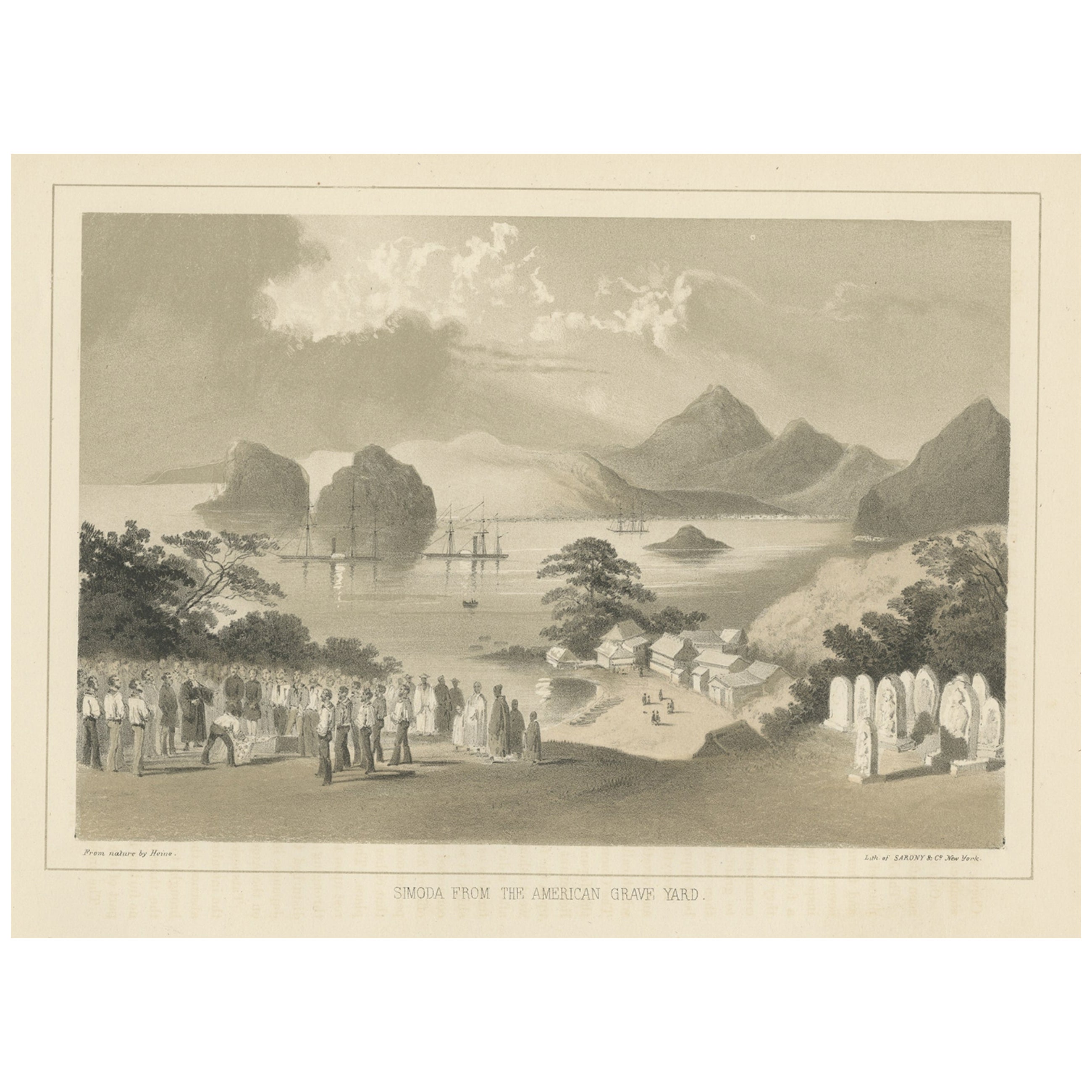 Antique Print of an American Graveyard in Shimoda, Japan, 1856