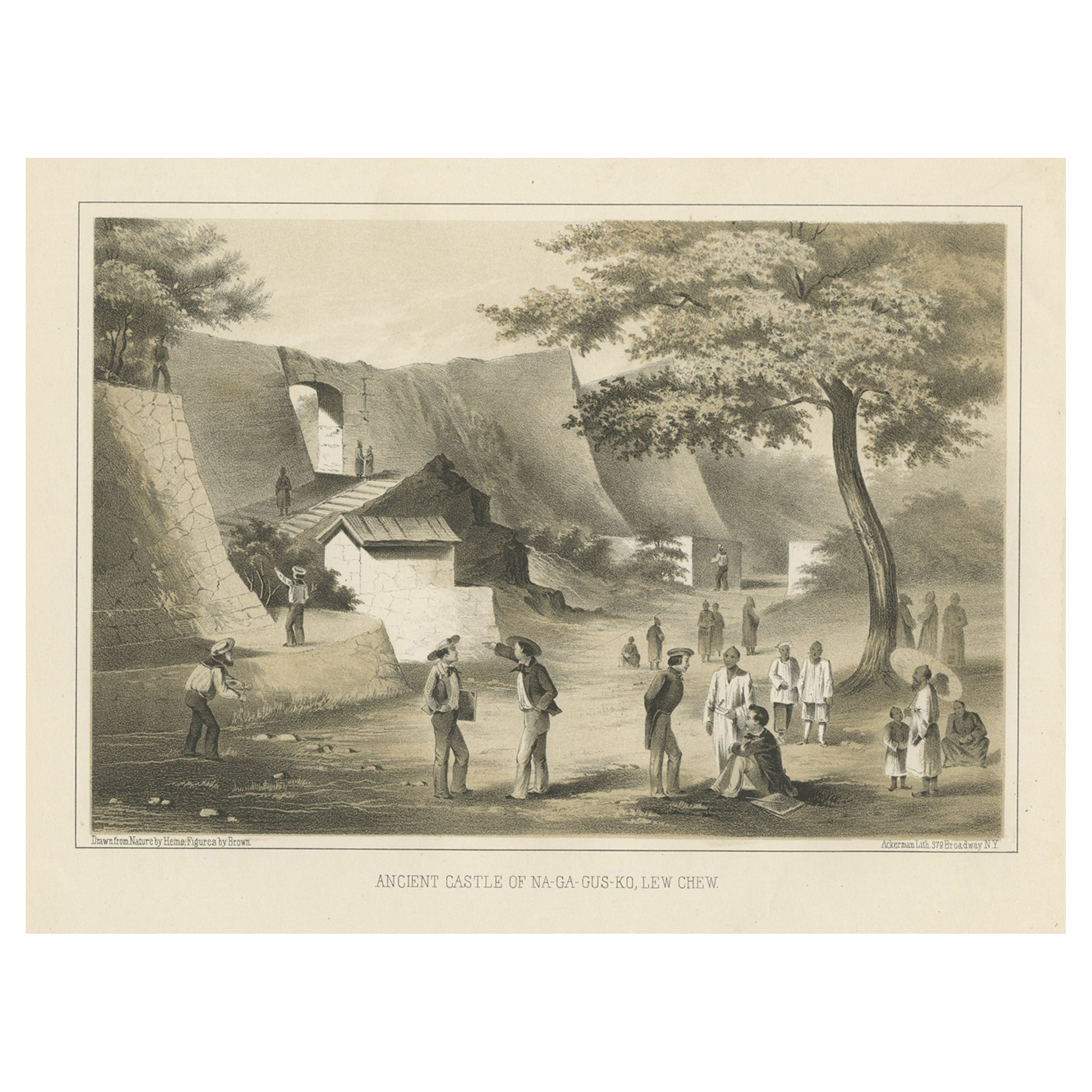 Old View of The Ancient Castle of Nagagusko, Ryukyu Islands, Japan, 1856 For Sale