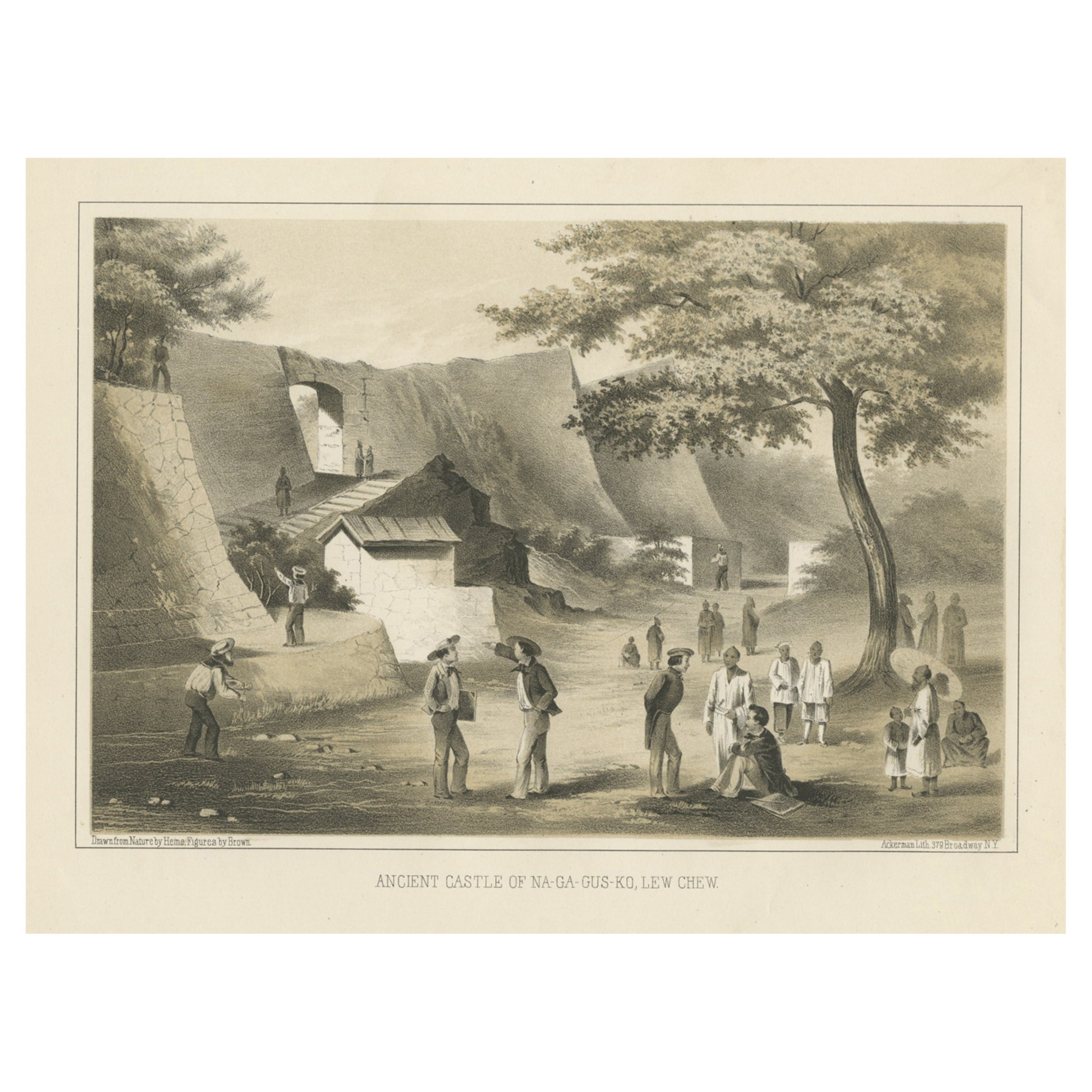 Vieille vue du château ancien de Nagagusko, îles de Ryukyu, Japon, 1856 en vente