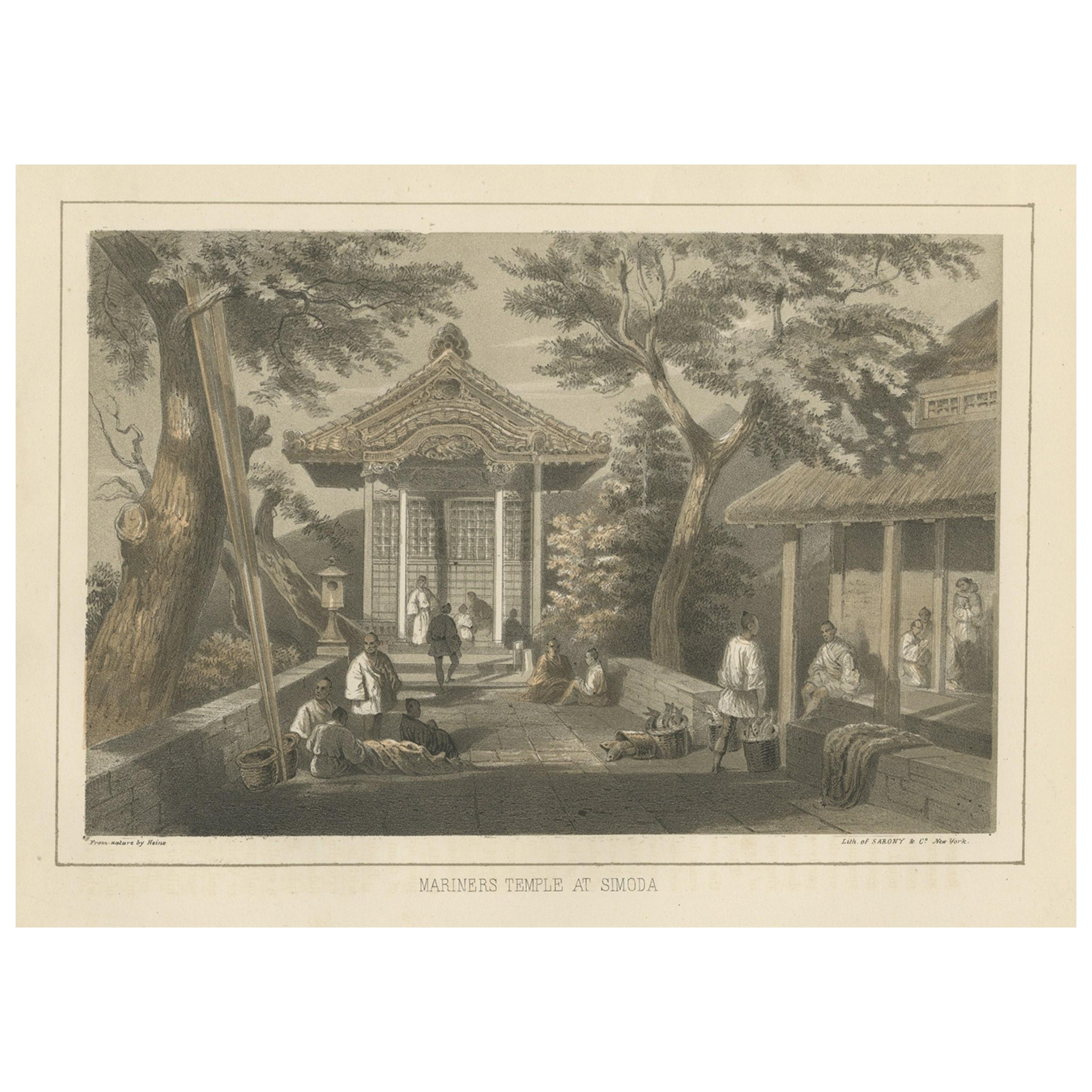 Stampa antica con veduta del Tempio dei Marinai a Shimoda, Giappone, 1856