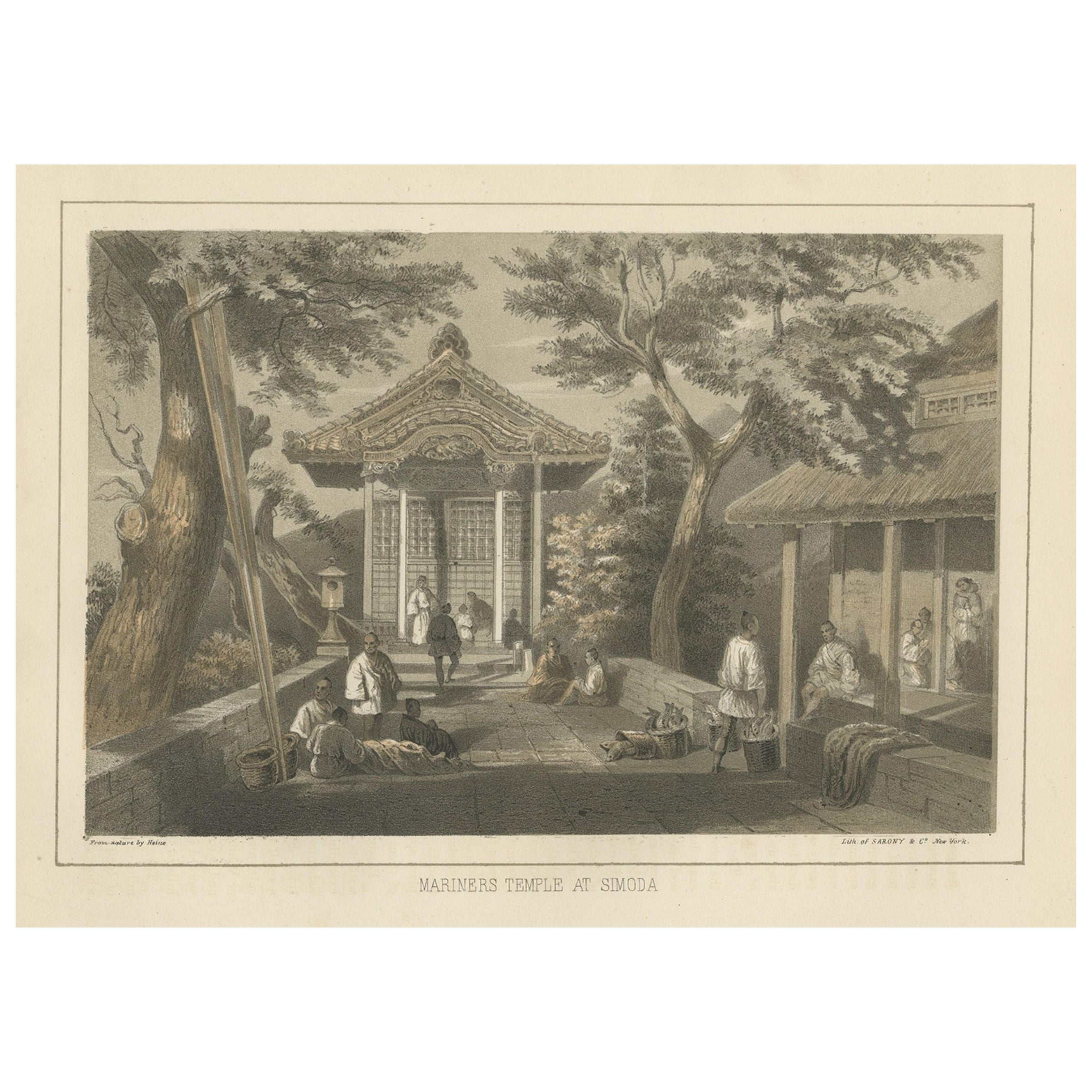 Antique Print with a View of the Mariners Temple in Shimoda, Japan, 1856 For Sale