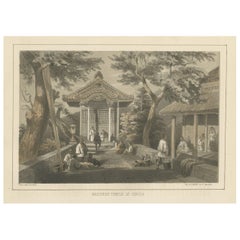 Impression ancienne avec une vue du temple des Mariners à Shimoda, Japon, 1856
