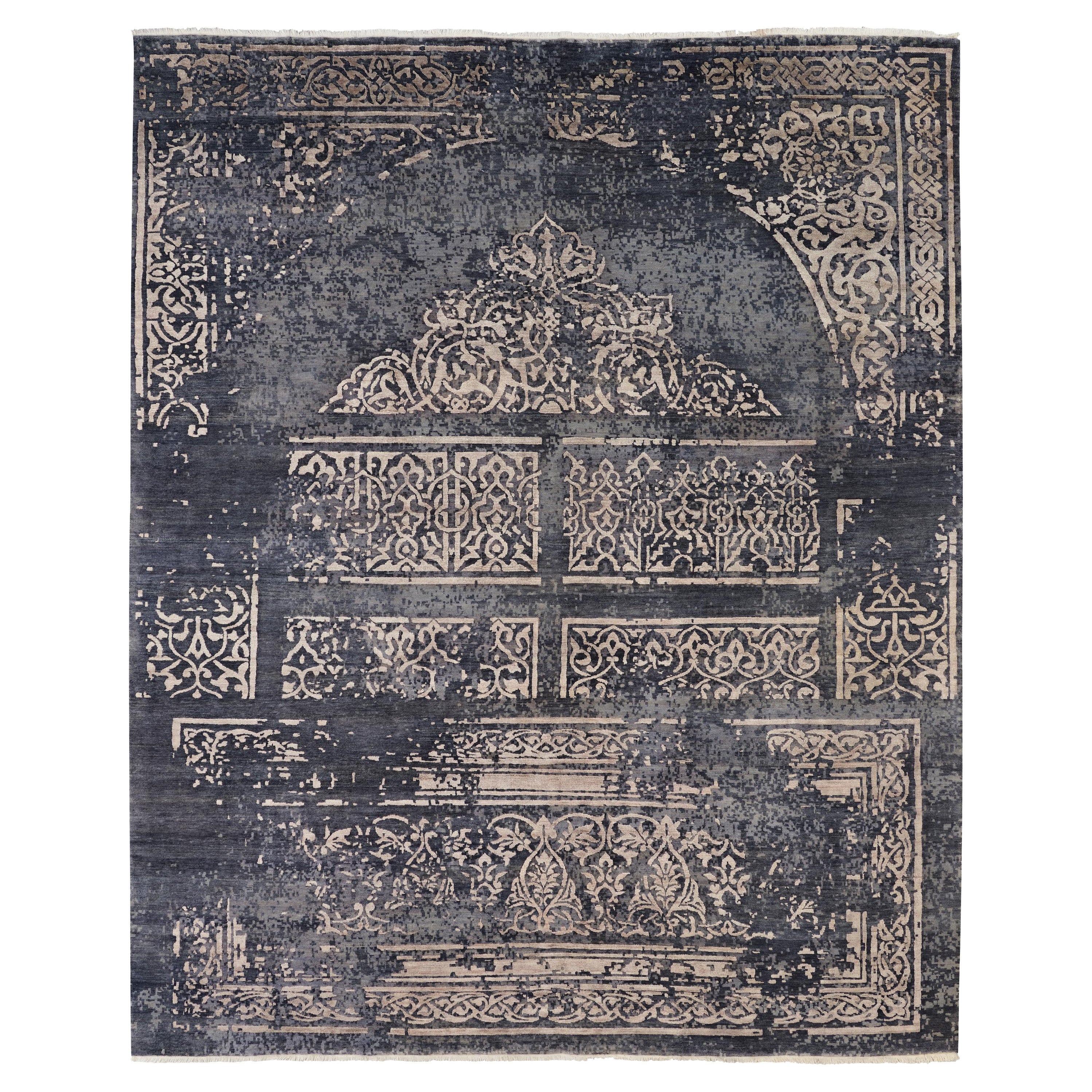 TRESOR Alfombra de Manos Anudadas de Inspiración French Rococo en Colores Beige y Azul