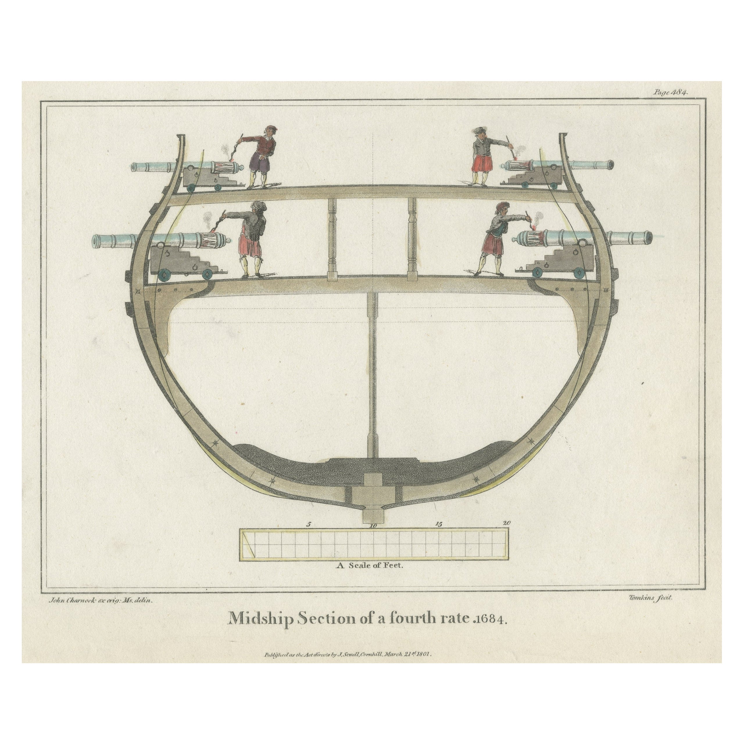 Antiker, alter, handkolorierter Druck eines Schiffsteils eines Kriegsgefäßes mit vierfacher Rate, 1801 im Angebot