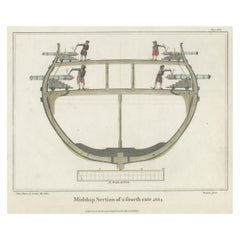 Antique Old Hand-Colored Print of Ship Section of a Fourth Rate War Vessel, 1801