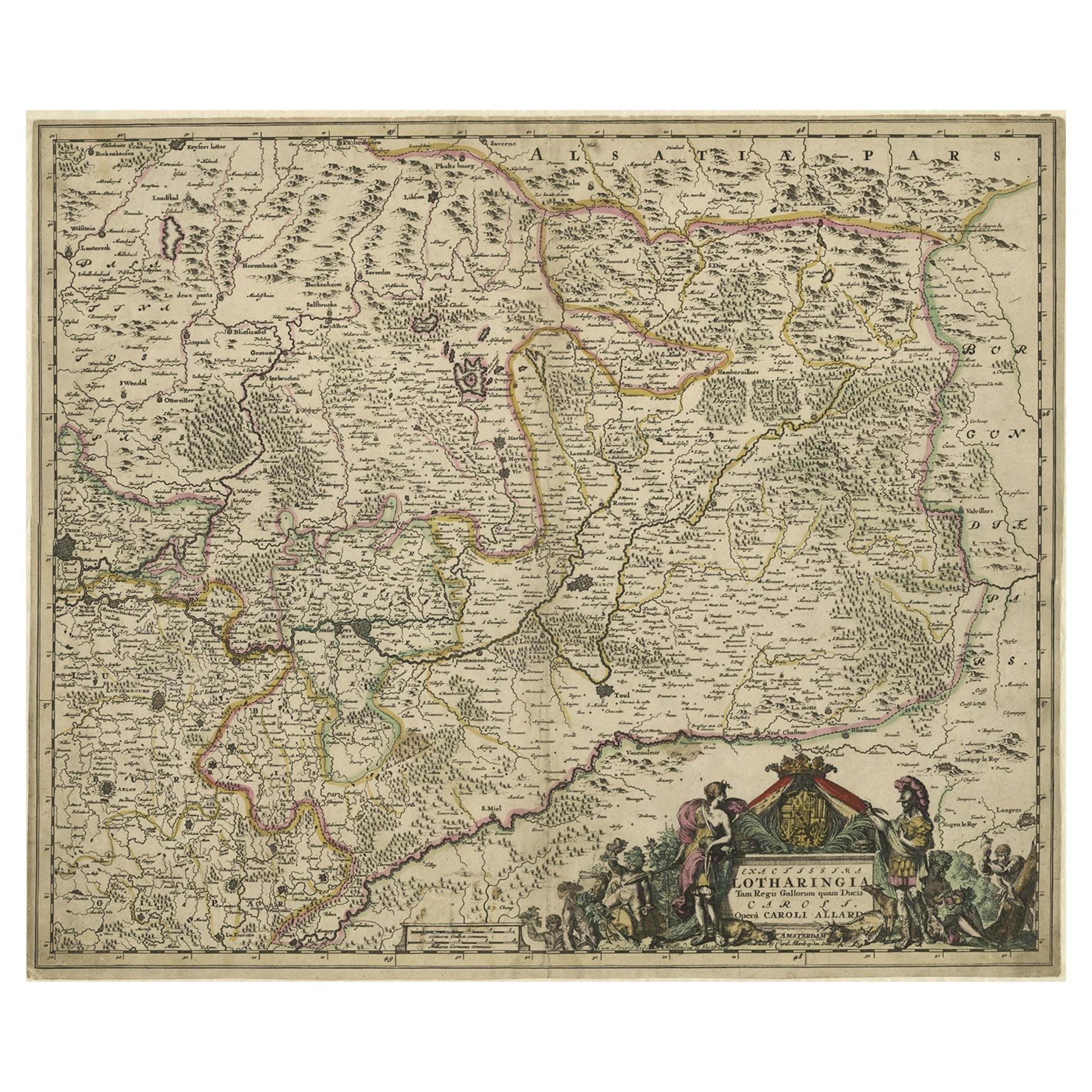 Striking Antique Map of Luxembourg and Northern France 'Lotharingen', c.1680 For Sale