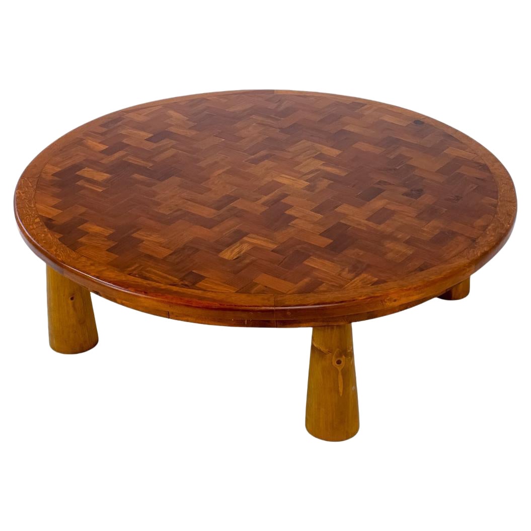 1950s, Large Round Parquet Coffee Table with Conical Legs, Spain