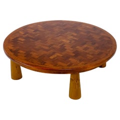 Retro 1950s, Large Round Parquet Coffee Table with Conical Legs, Spain