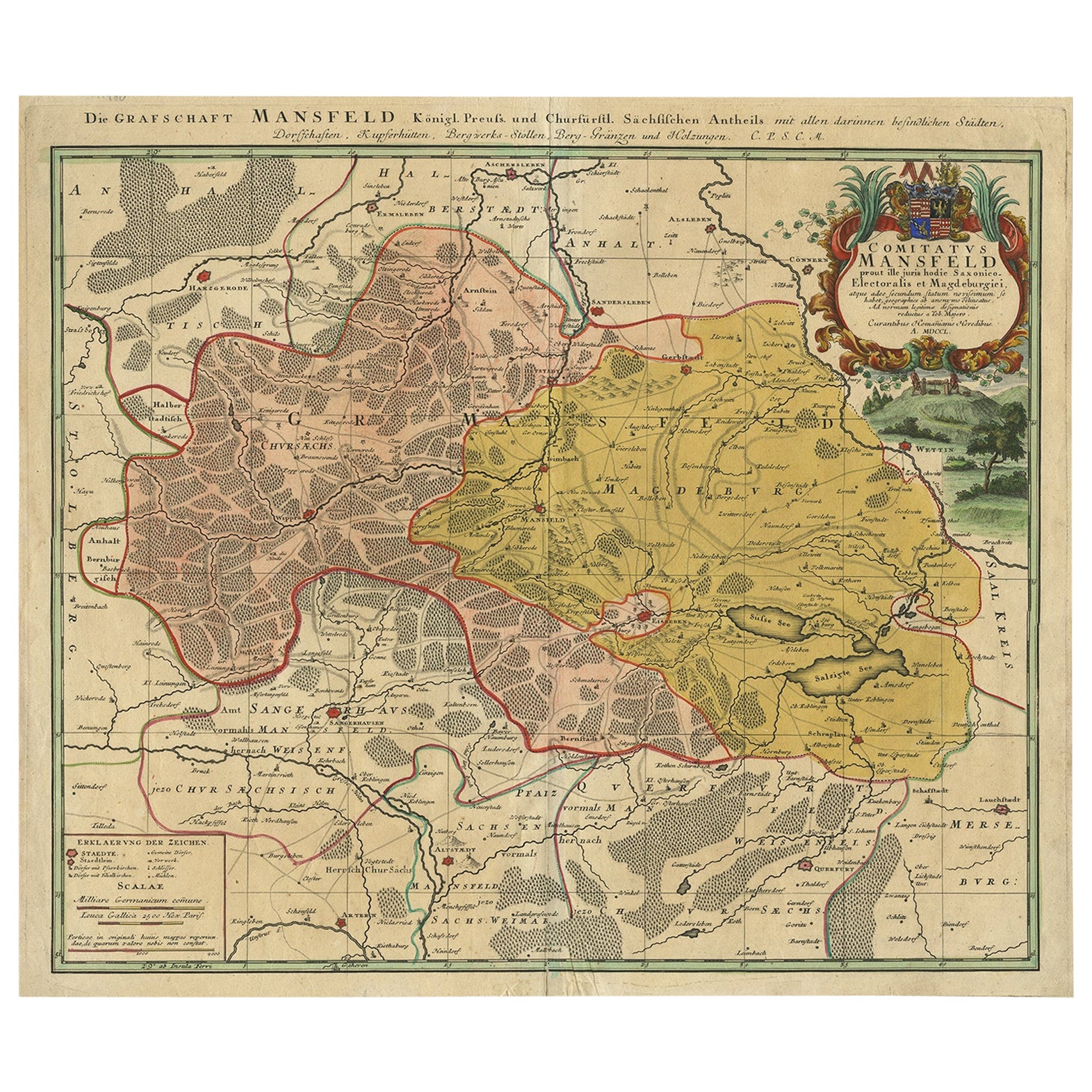 Detailed Antique Map Showing Mansfeld in Saxony-Anhalt, Germany, ca.1750 For Sale