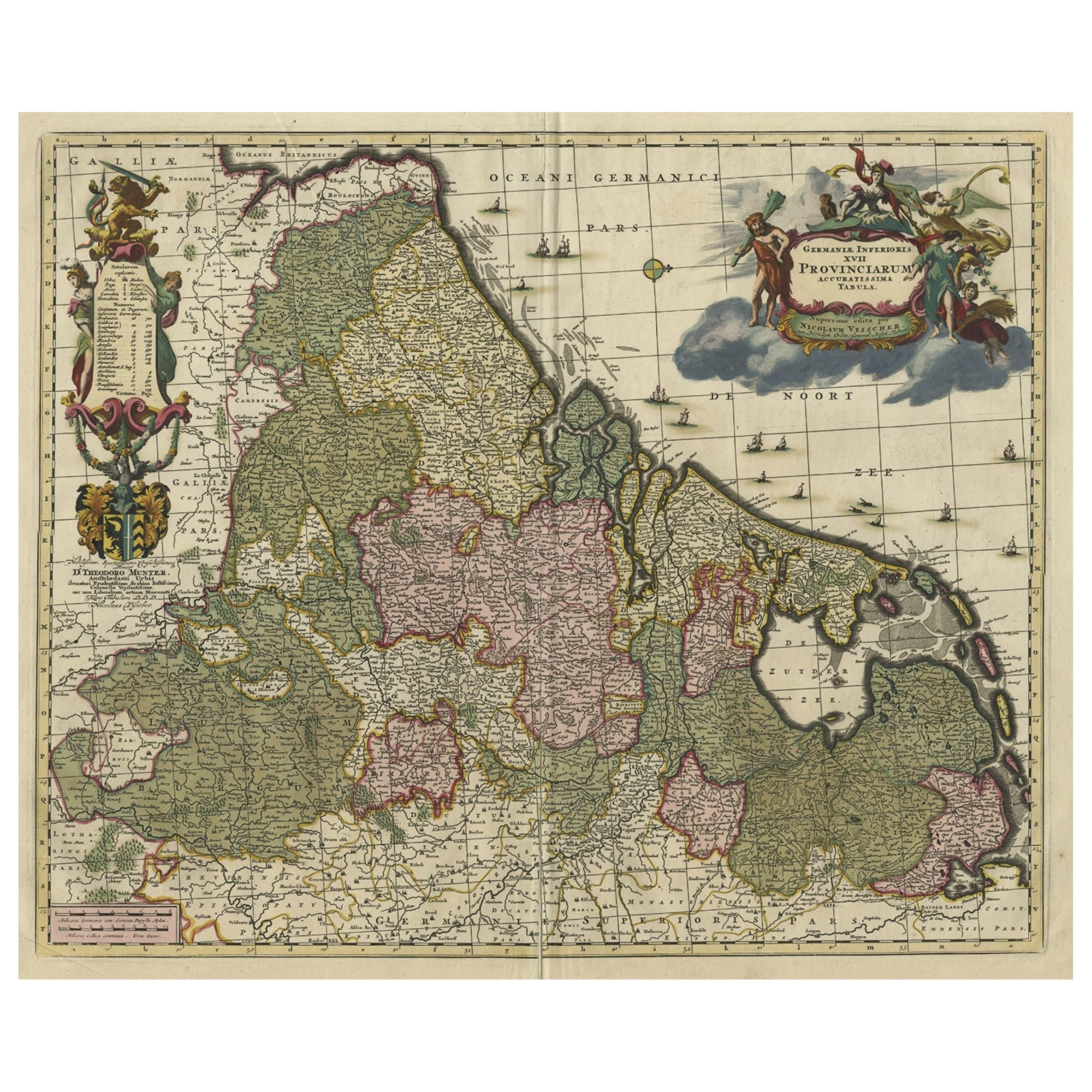 Carte décorative ancienne des Pays-Bas du Nord, 17 provinces, Pays-Bas, vers 1680