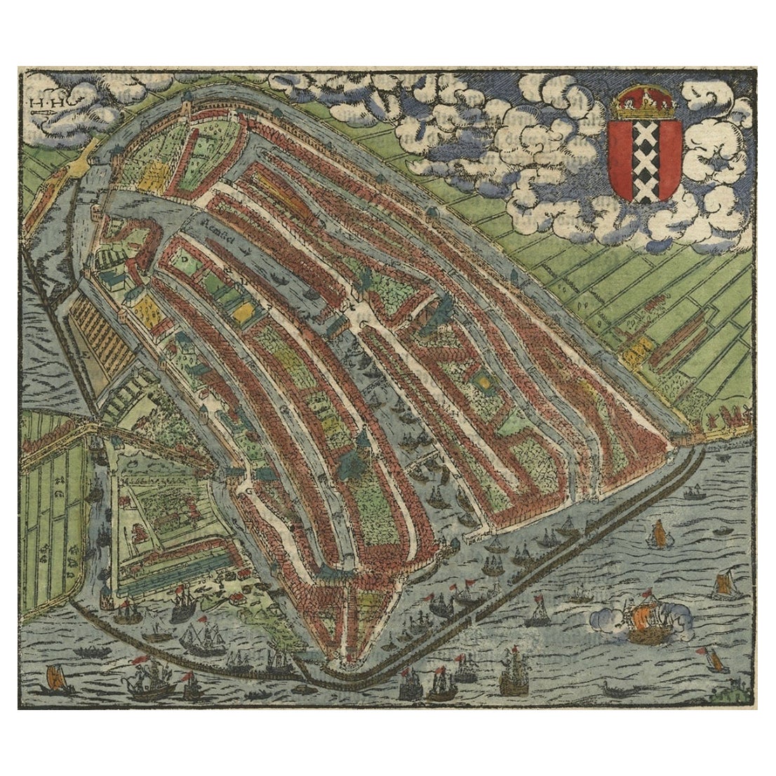 Old Original Hand-Colored Engraving of a Bird's-eye Plan of Amsterdam, ca.1580 For Sale