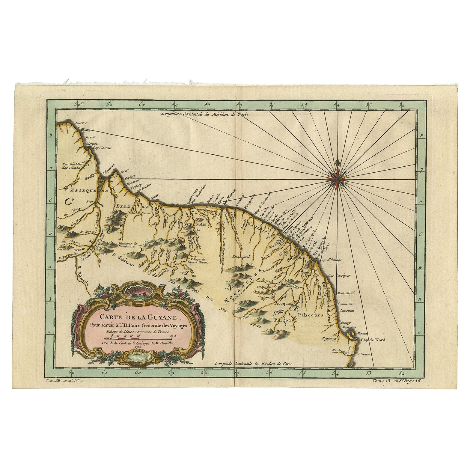 Old Map of Guyana, Suriname and French Guiana with Paramaribo and Cayenne, c1760 For Sale