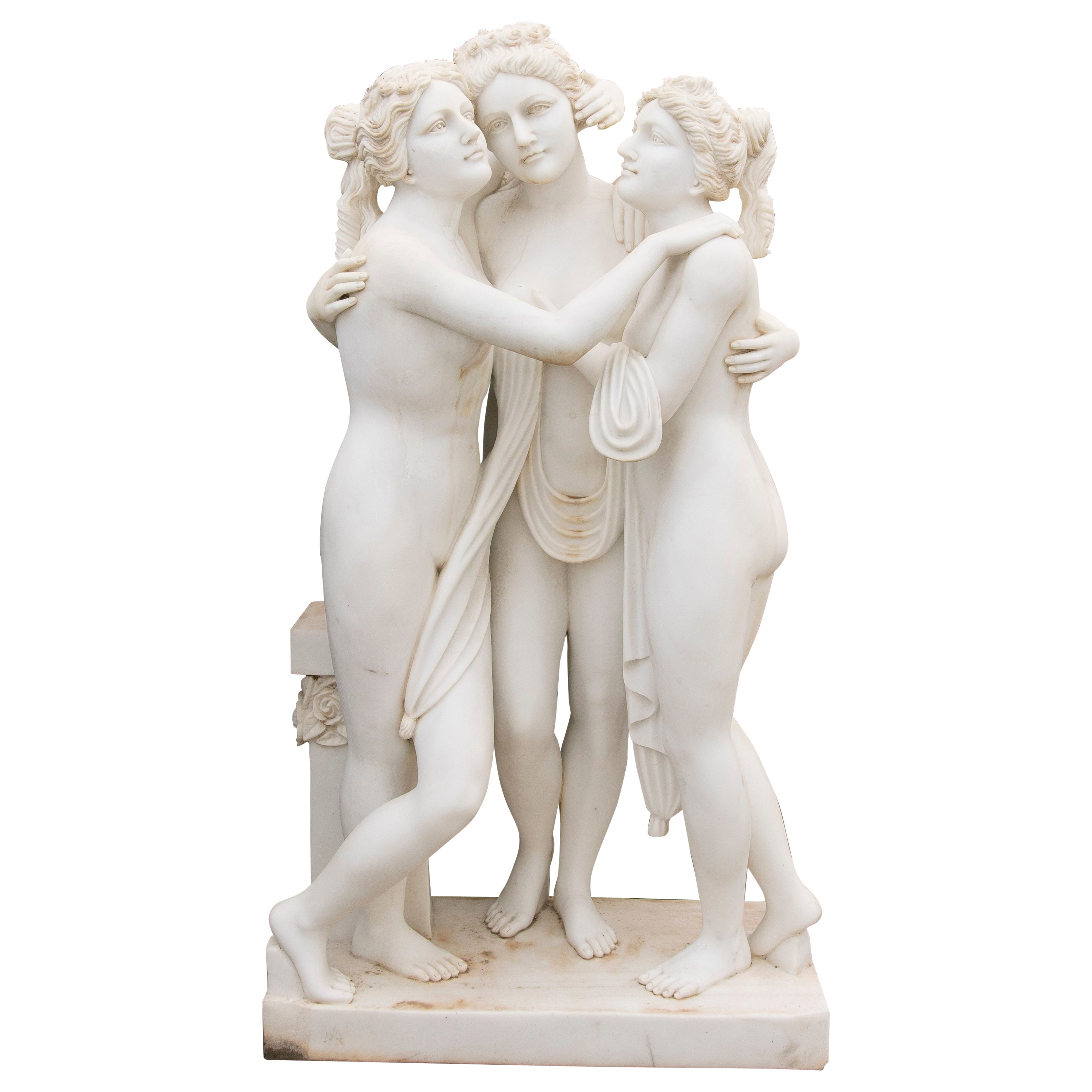 1990s French Hand Carved Three Graces in Carrara White Marble