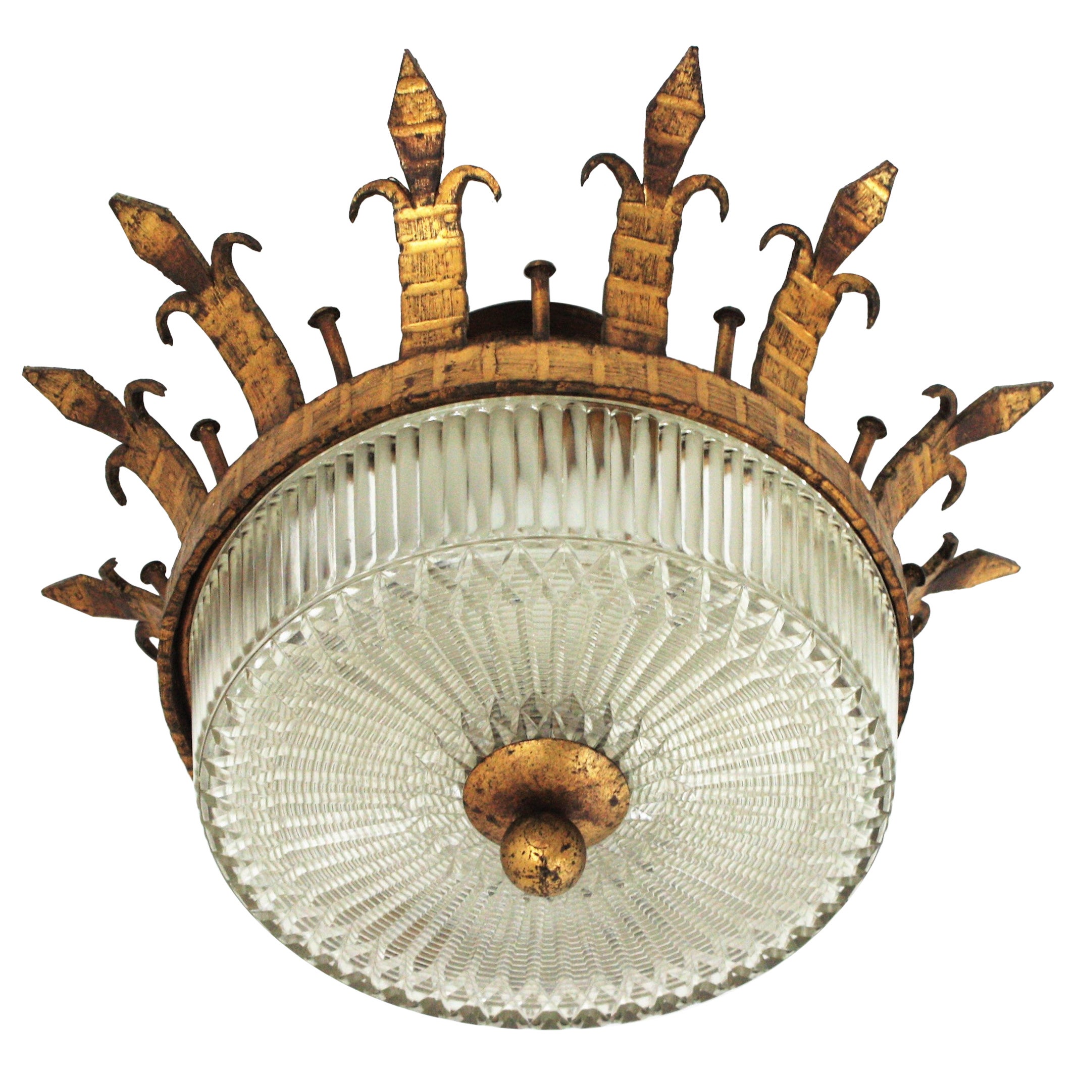 Spanish Neoclassical Gilt Iron Fluted Glass Flush Mount Ceiling Light, 1940s For Sale