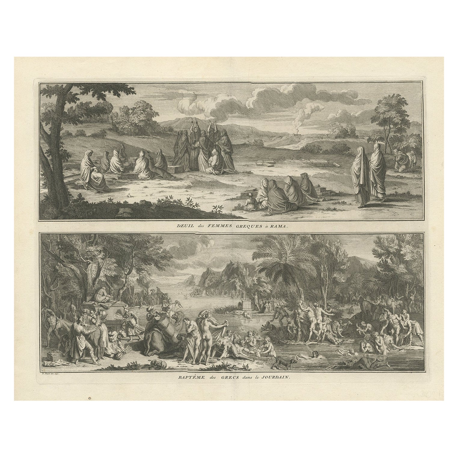 Print of Mourning of Greek Widows in Rama and Baptism in The River Jordan, 1730 For Sale