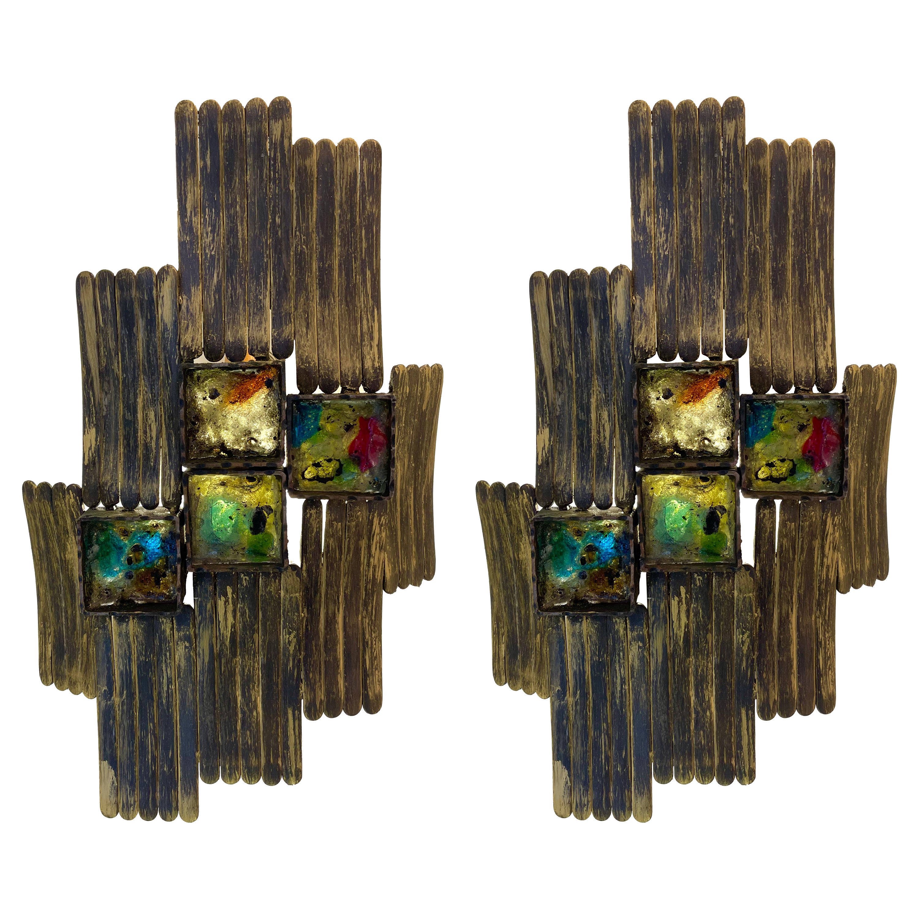 Pair of Brutalist Gilt Metal and Glass Sconces. Italy, 1970s For Sale