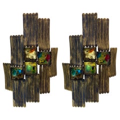 Pair of Brutalist Gilt Metal and Glass Sconces. Italy, 1970s