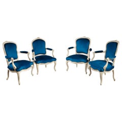 Four Peacock Blue Velvet Armchairs from the Louis XV Period