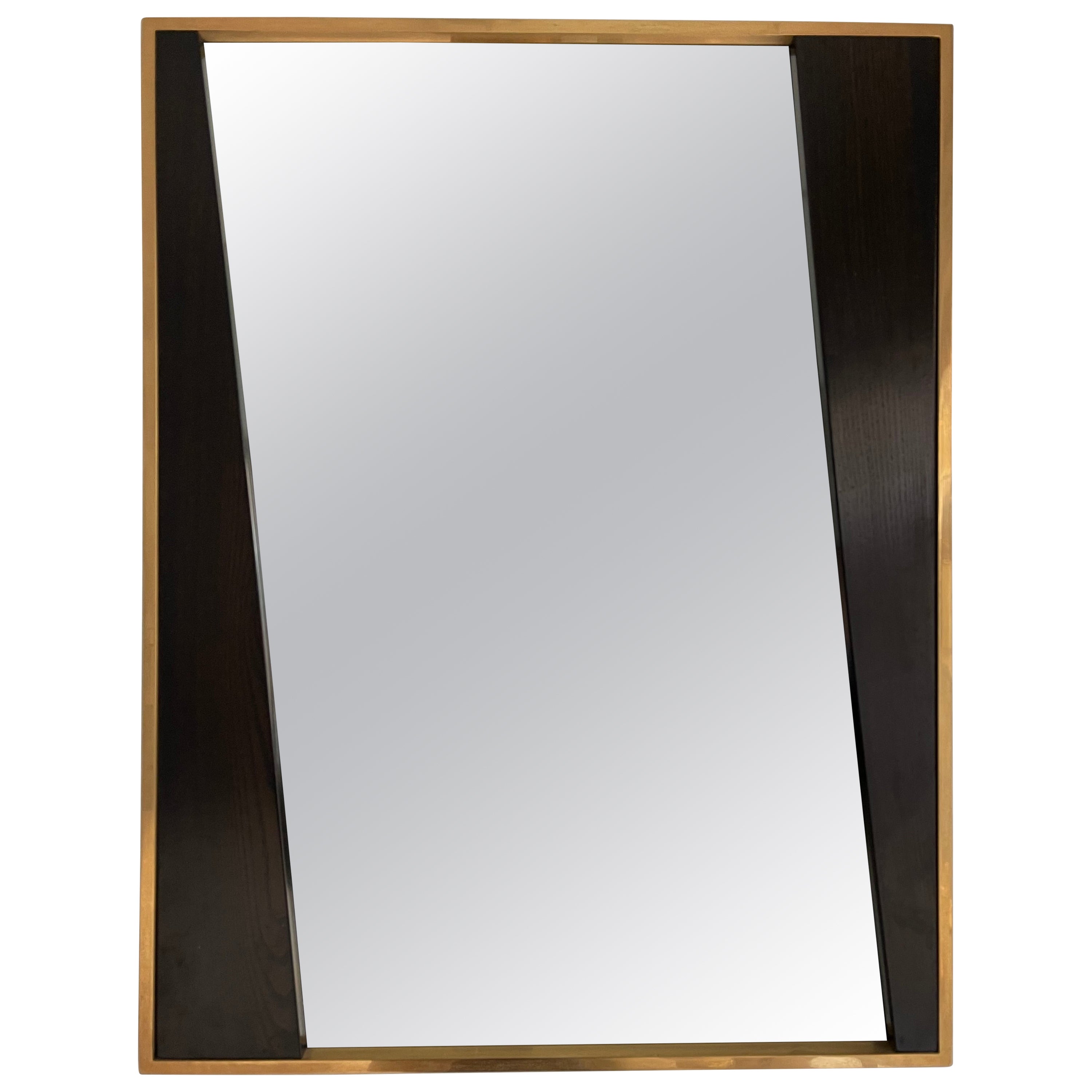 Geometrical Wood and Brass Mirror, Italy, 1970s For Sale