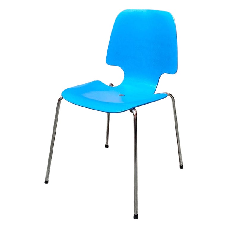 Italian MidCentury Modern Light Blue Curved Wood and Metal Rod Chair