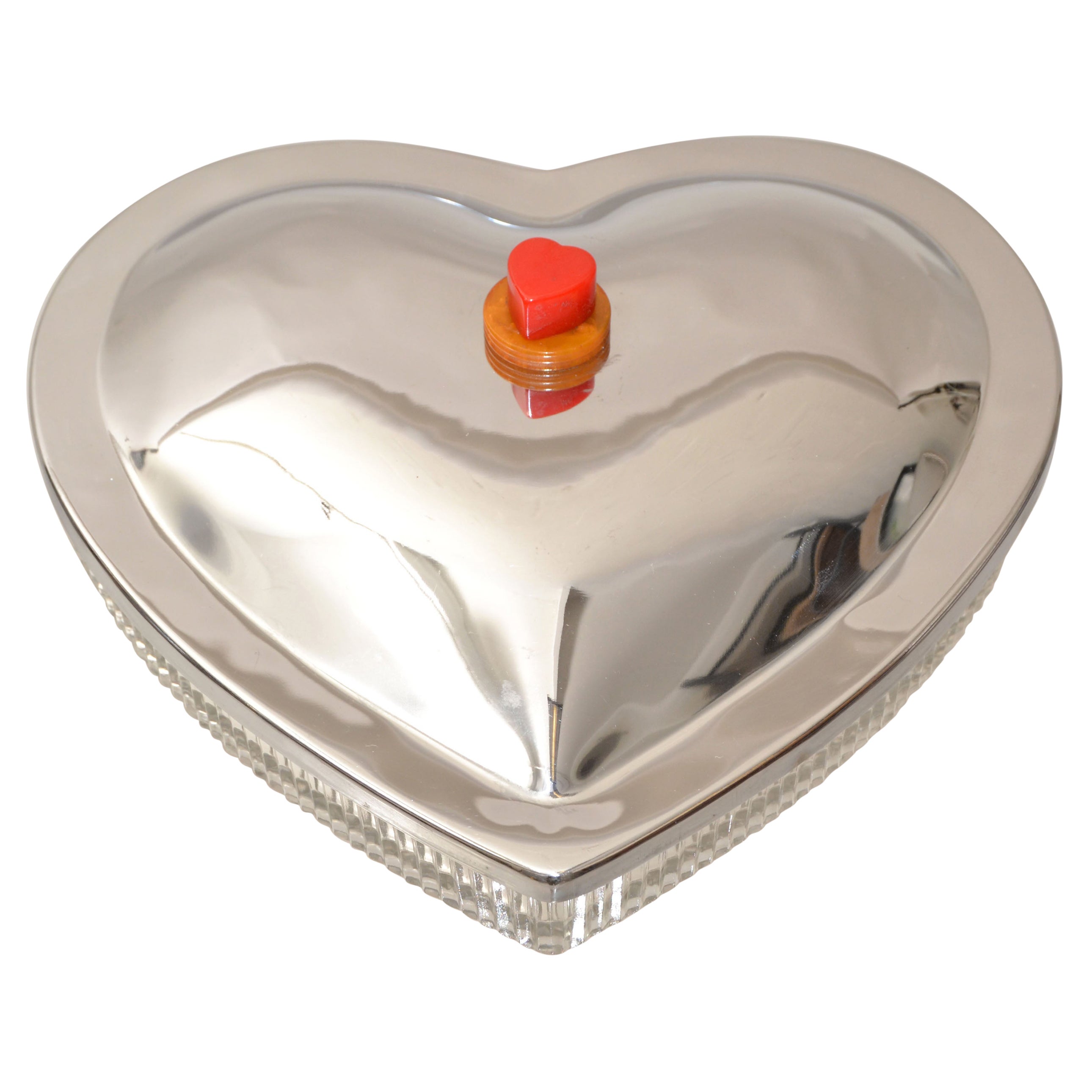 Heart Shape Lidded Dish in Crystal Glass & Steel with Bakelite & Alabaster Knob For Sale