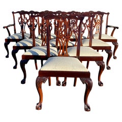 Set of 10 Custom Mahogany Chippendale Style Dining Chairs with Damask Seats