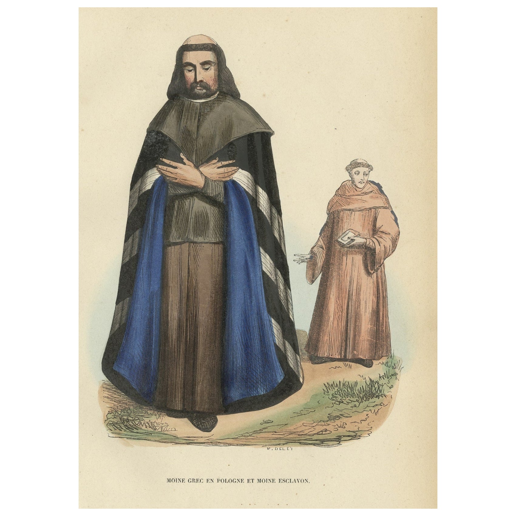 Impression ancienne colorée à la main d'un moine grec en Pologne et d'un moine Slavonique, vers 1845