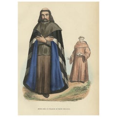 Antique Hand-Colored Print of a Greek Monk in Poland and a Slavonic Monk, c.1845