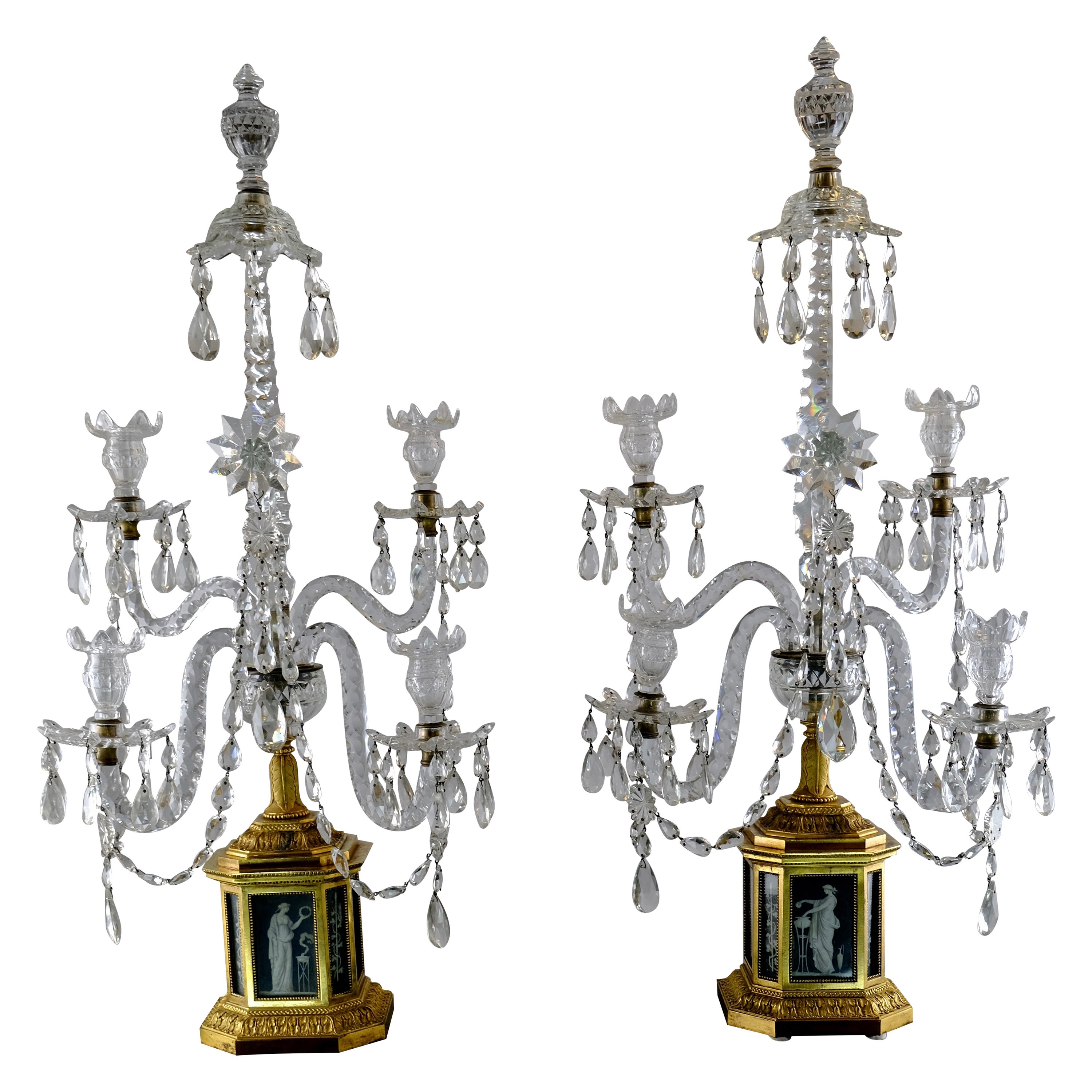 Pair of Important Gilt Bronze Candelabra with Cut Crystal Arms, 1780s For Sale