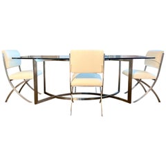 Set Paul Legeard: Oval Dining Table in Glass and Chromed and 4 Chairs, 1970