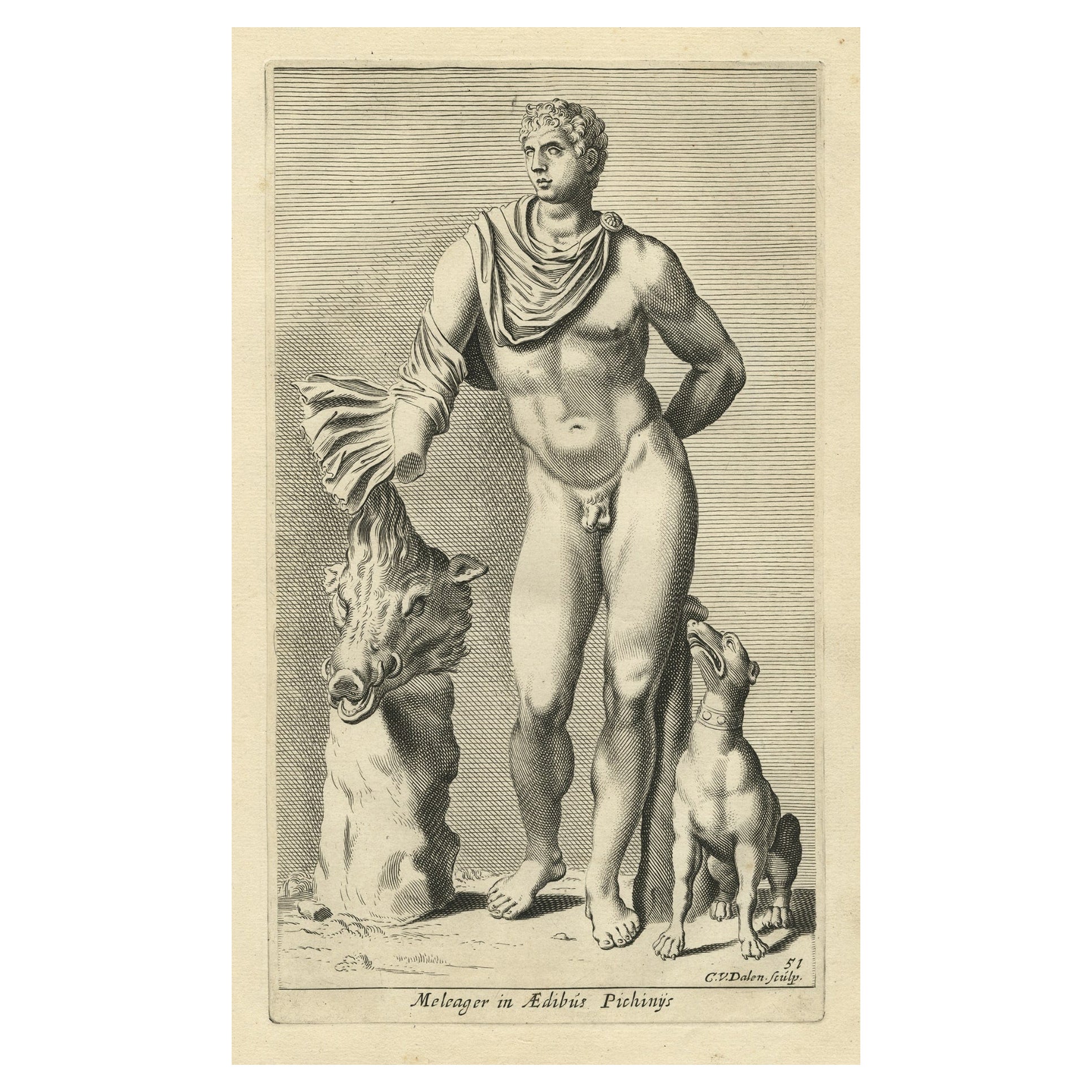 Gravure ancienne de la statue du héros mythologique Meleager, Rome. 1660