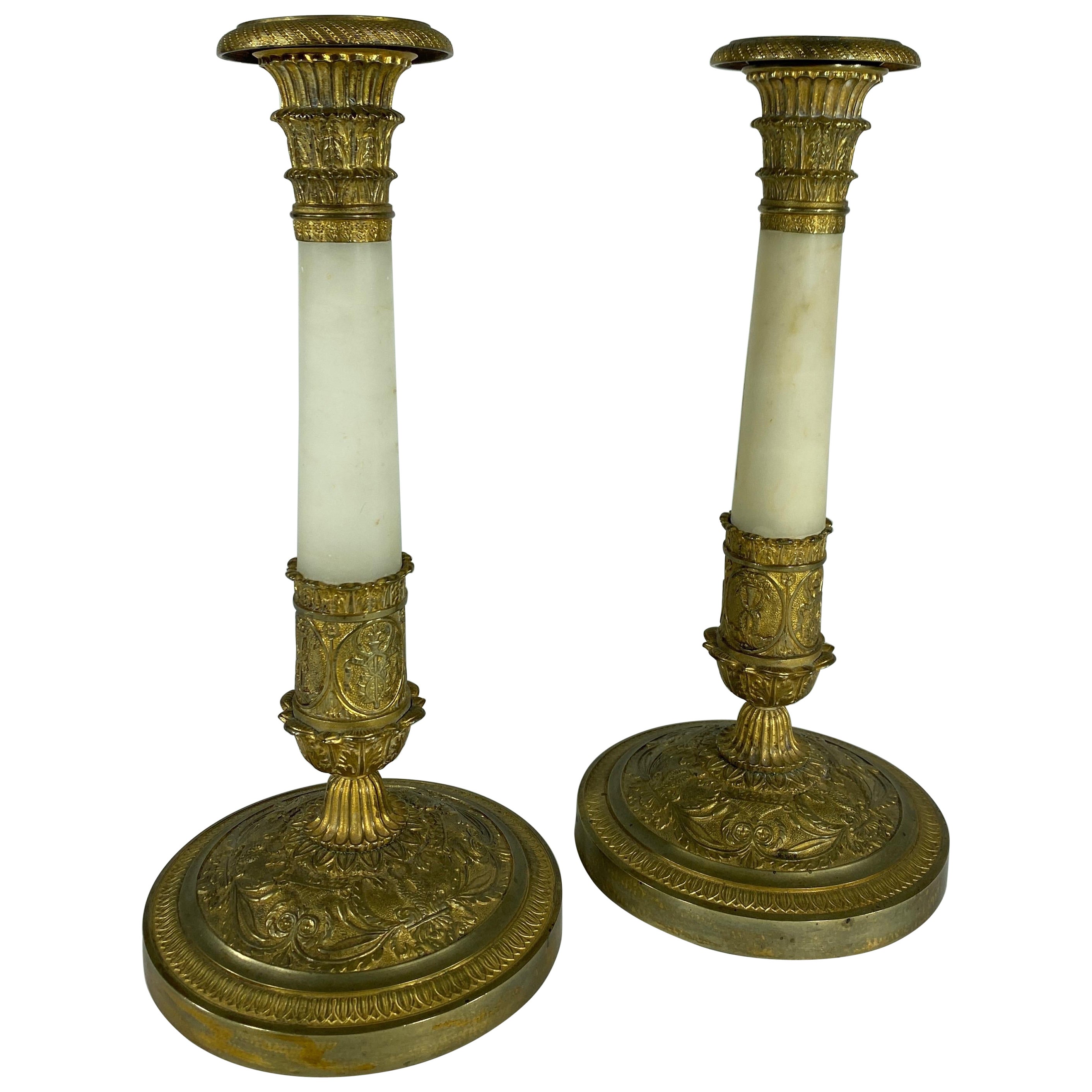 French Gilt Bronze and Marble Candlesticks For Sale