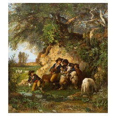 Landscape Painting of Shepherds with Injured Lamb by Hermann Corrodi circa 1868