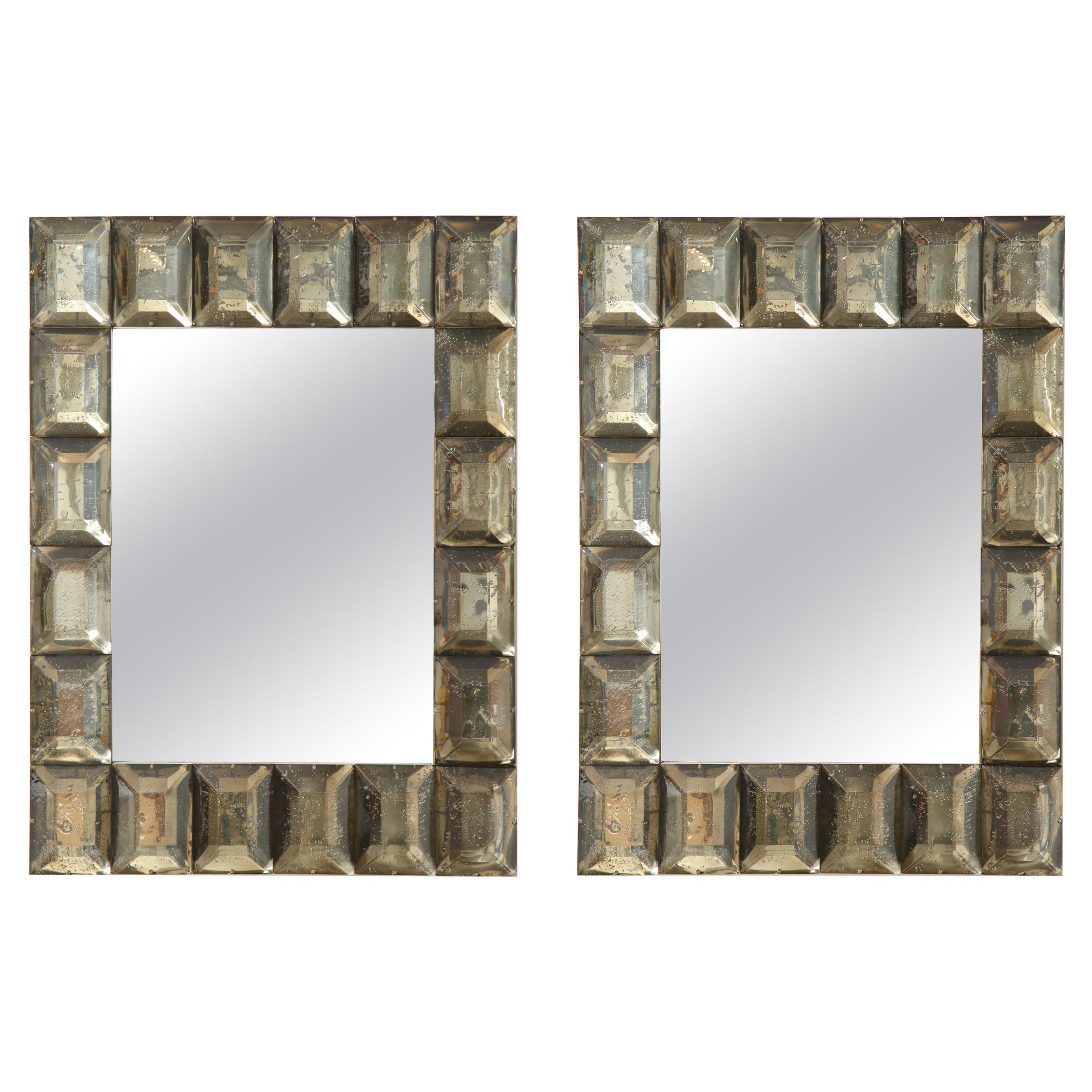 Pair of Smoked Diamond Murano Glass Blocks Mirror, in Stock For Sale