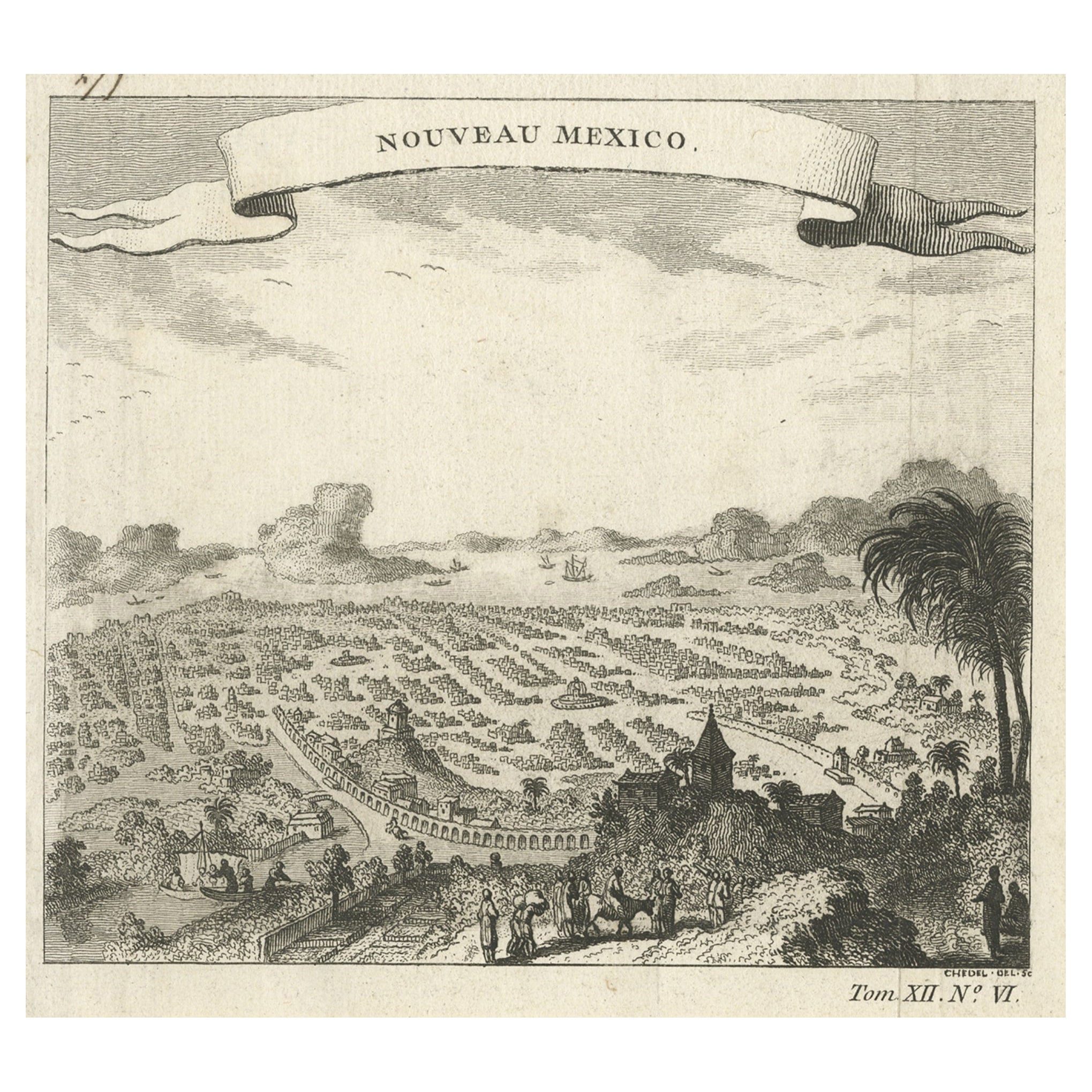 Gravure ancienne sur cuivre avec une vue panoramique de Mexico, vers 1760
