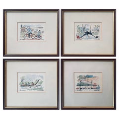 Vintage Set of 4 Derek Abel Artist "Cambridge" Framed Watercolours, 1989, Signed