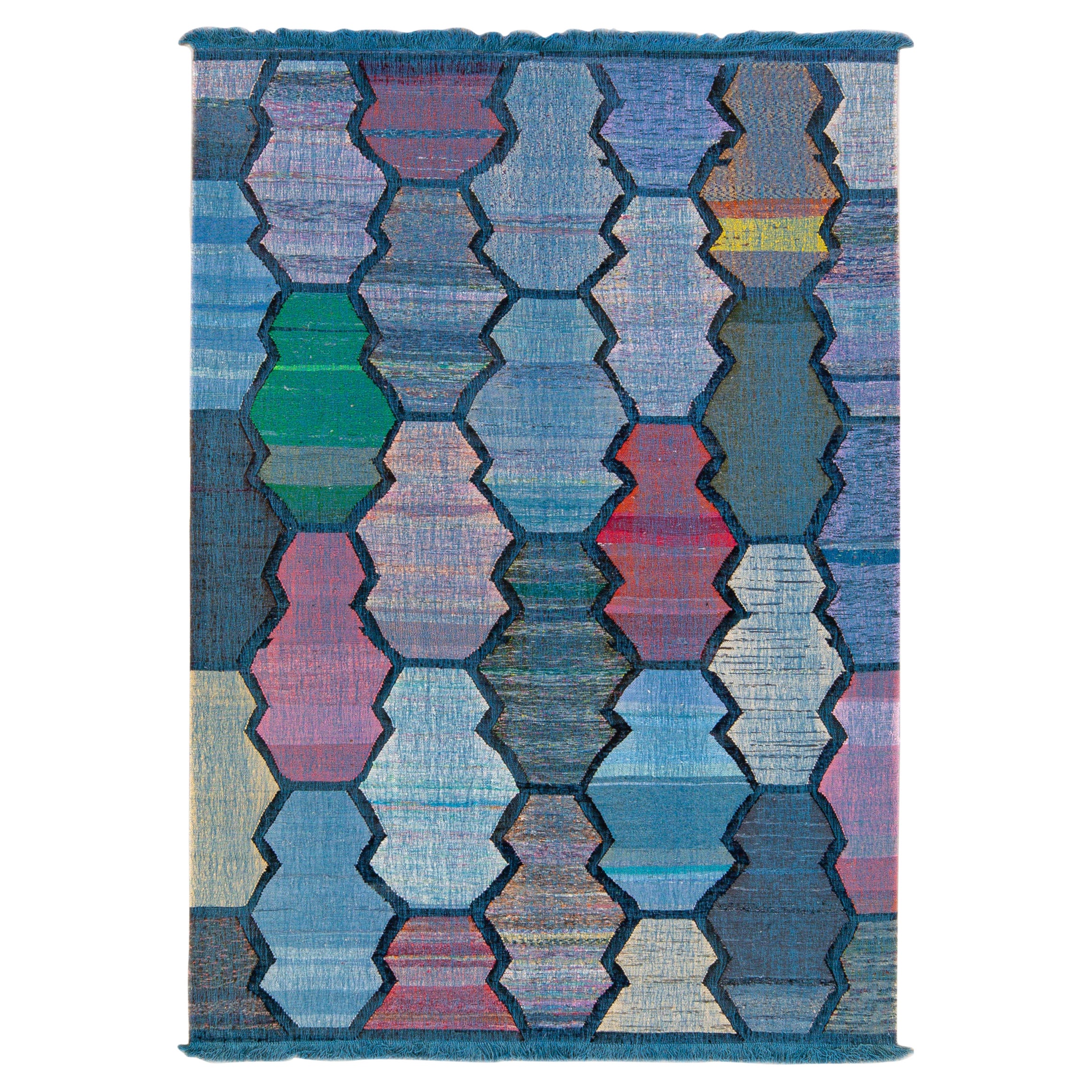 Green Geometric Design Modern Flatweave Handmade Wool Rug 8'5" X 10