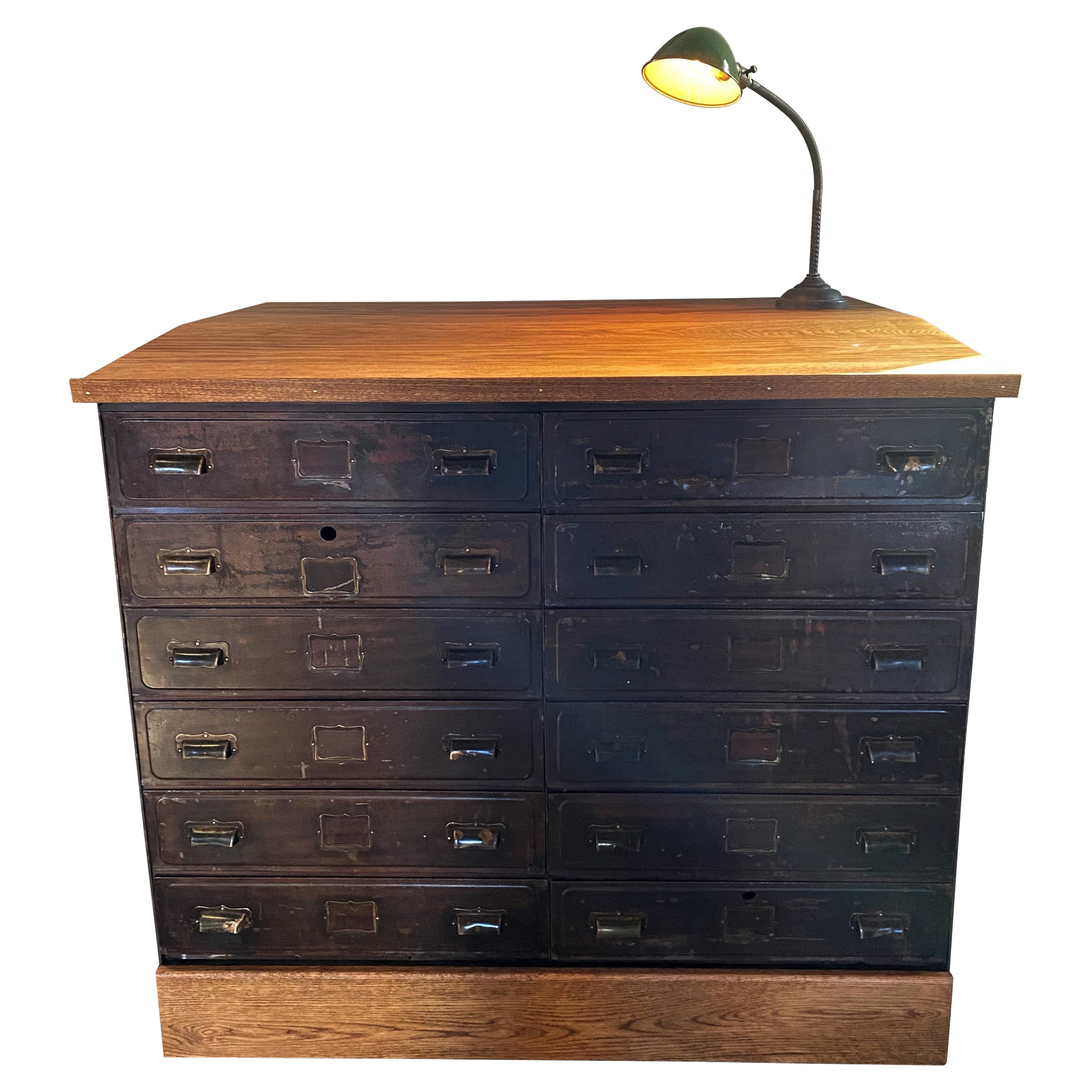 Vintage Industrial Slant Top Cabinet with Task Lamp For Sale