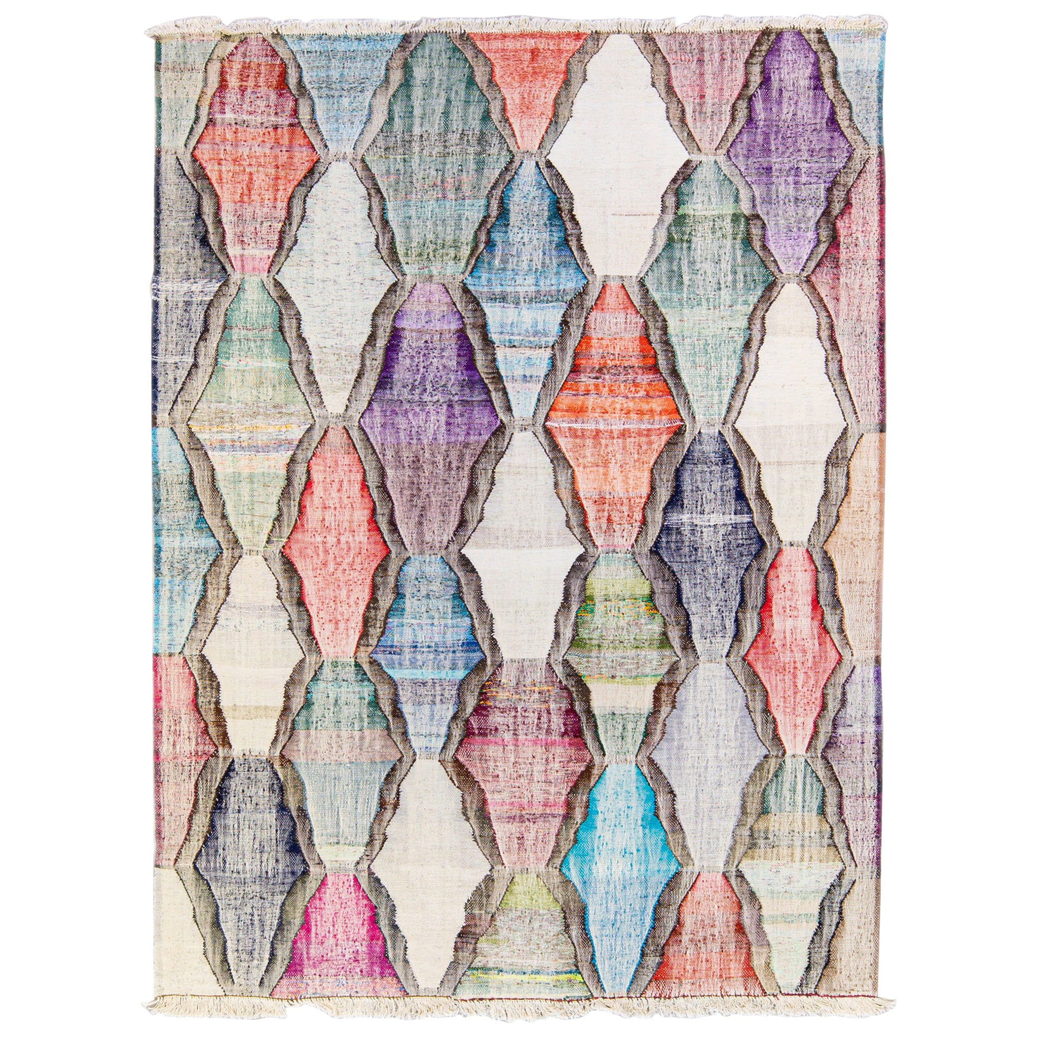 Tapis Kilim contemporain en laine géométrique multicolore fait à la main