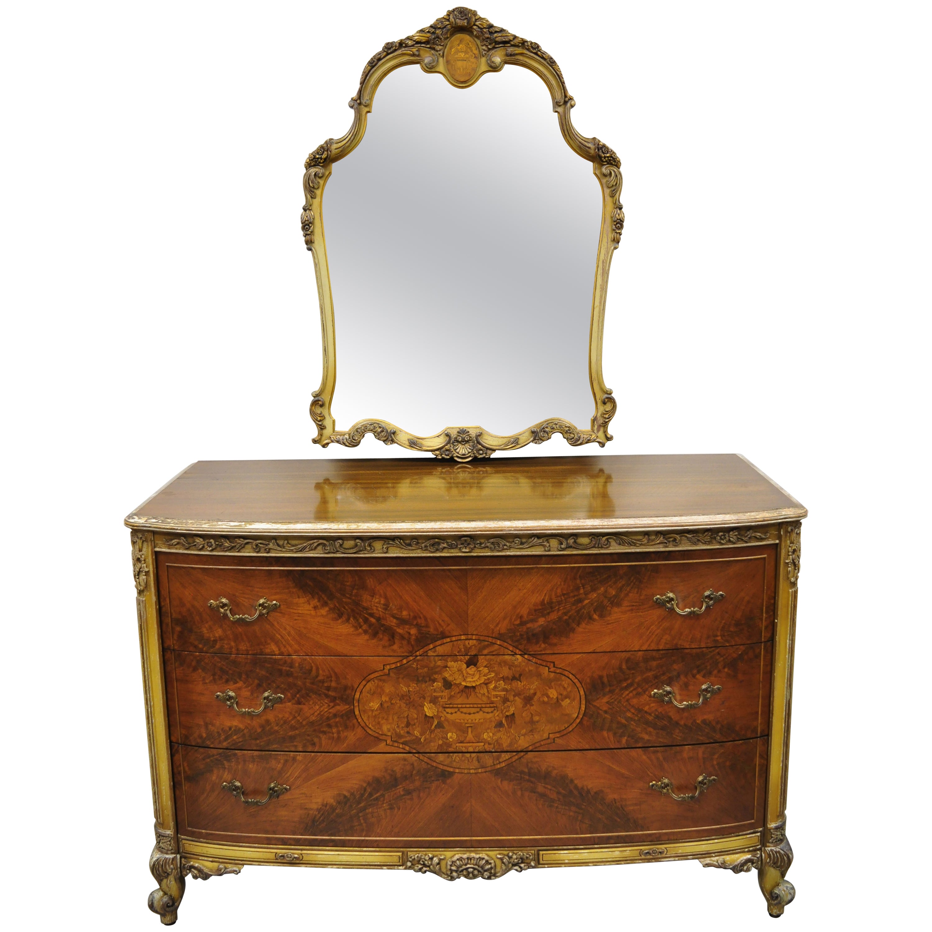 Ancienne commode et miroir français Louis XV en acajou incrusté de bois de satin à motifs floraux