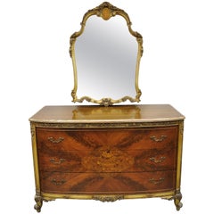 Antique French Louis XV Floral Satinwood Inlaid Mahogany Chest Dresser & Mirror