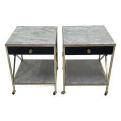 Glamorous Pair of Hollywood Regency Marble & Brass Night Stands End Tables