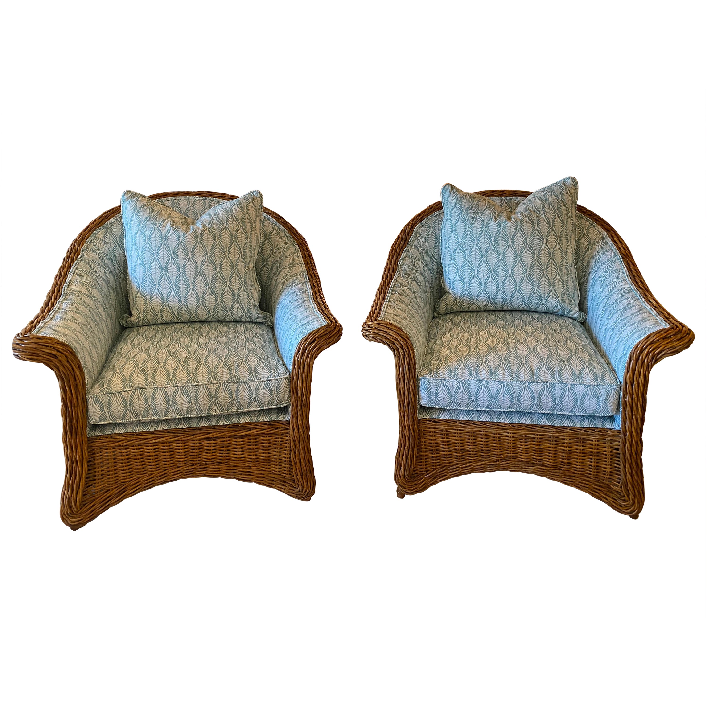 Vintage Pair of Wicker Rattan Club Lounge Arm Chairs Newly Upholstered 